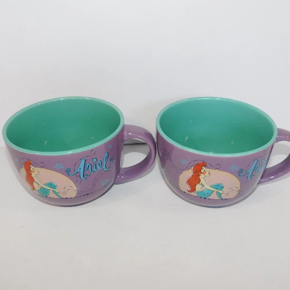 2 Disney Ariel Little Mermaid Purple Teal 24 oz Soup Coffee Cereal Mugs UNUSED - Picture 2 of 7